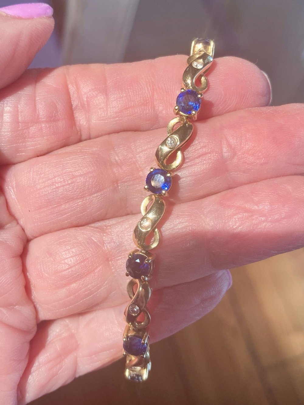 14k Yellow Gold Sapphire Diamond Tennis Bracelet Size 6.25”~